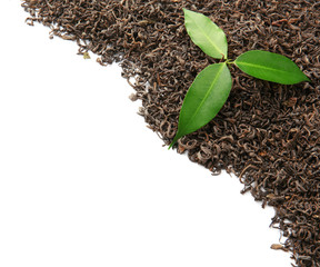 Pile of dry tea with green leaves, isolated on white