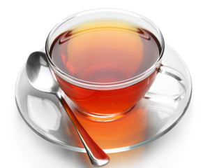 Glass cup of tea isolated on white background