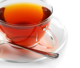 Glass cup of tea isolated on white background