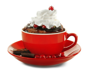 Mug cake with cranberry and chocolate isolated on white
