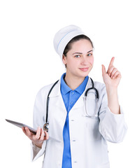 woman doctor with tablet pays attention