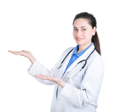 woman doctor pointing with both hands