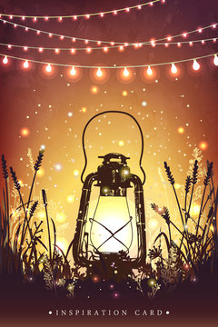 Amazing Vintage Lanten On Grass With Magical Lights Of Fireflies At Night Sky Background. Unusual Vector Illustration. Inspiration Card For Wedding, Date, Birthday,  Holiday Or Garden Party