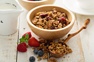 Homemade granola with milk for breakfast