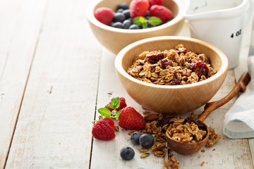Homemade granola with milk for breakfast