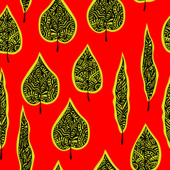 red seamless pattern with ornamental leaves