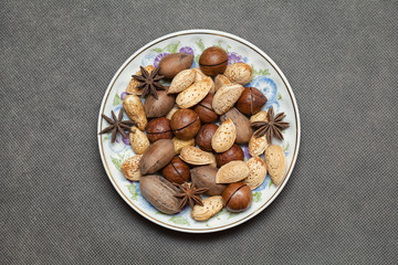 almonds, macadamia nuts, peanuts, cinnamon, anise. Christmas decorations out of food
