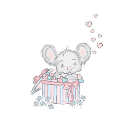 Cute cartoon mouse . Vector illustration. Postcard with a charming little mouse .
