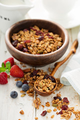 Homemade granola with milk for breakfast