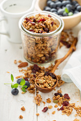 Homemade granola with milk for breakfast