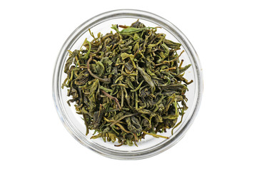 Kuding tea leaves in bowl, isolated on white