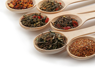 Variety of tea leaves in wooden spoons, isolated on white