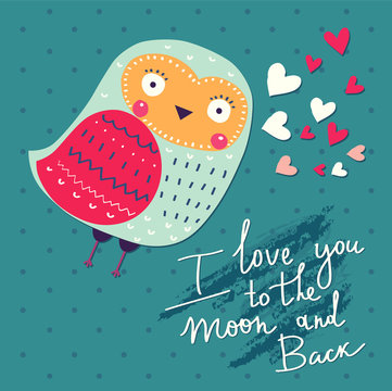 Vector hand drawn illustration with funny owl and hearts and text