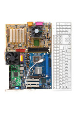 Computer motherboards with keyboard and fans, isolated on white
