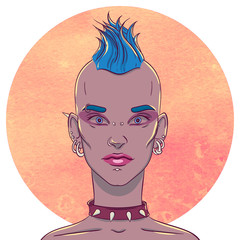 Portrait of a young girl with mohawk hairstyle and piercings on the background - 106151195