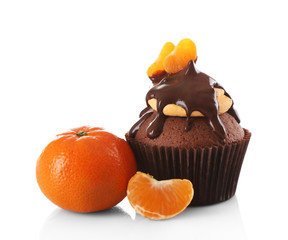 Tasty cupcake with mandarin and orange, isolated on white