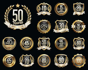 Set of Golden Anniversary Badges. Set of Golden Anniversary Signs.
Gold and Black. 