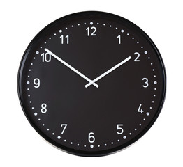Round black wall clock, isolated on white