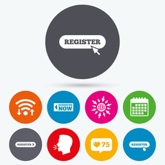 Register with hand pointer icon. Mouse cursor.
