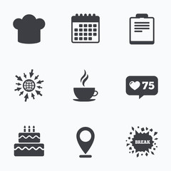 Coffee cup icon. Chef hat symbol. Birthday cake.