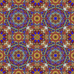 Rich with saturated colors, beautiful medieval ornament. Seamless floral pattern of circular floral elements. Vector design of mandalas.  Template for textiles, shawl, bed linen, carpets, cushions.
