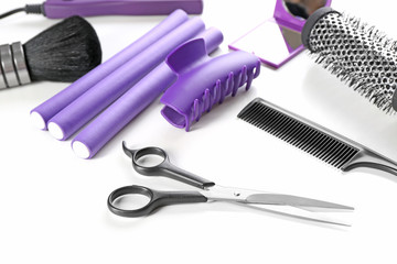 Barber set with equipment and tools, isolated on white