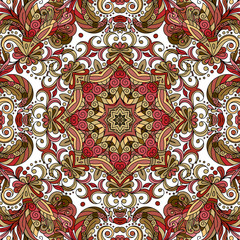 Flourish tiled pattern. Abstract floral geometric seamless oriental background. Fantastic flowers and leaves. Wonderland asian motives of the paintings of arabic mandala. Indian fabric pattern.