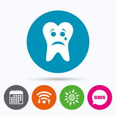 Tooth sad face with tear sign icon. Aching tooth