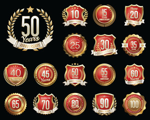 Set of Golden Anniversary Badges. Set of Golden Anniversary Signs.
Gold and Orange. 