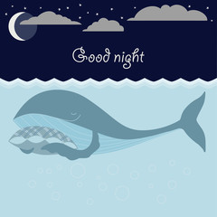 Naklejka premium Ocean sleeping whales, moon, stars. Good night card.
