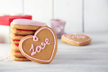 Valentine heart cookies on wooden background