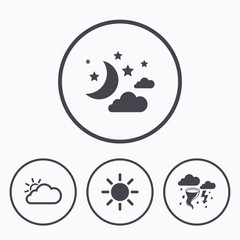 Cloud and sun icon. Storm symbol. Moon and stars