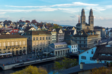 Panoramic view of city of Zurich and Limmat River, Switzerland