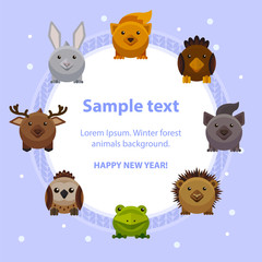 Fototapeta premium Happy New Year card cute forest animals, flat style vector