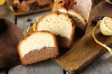 Composition of tasty cake, closeup