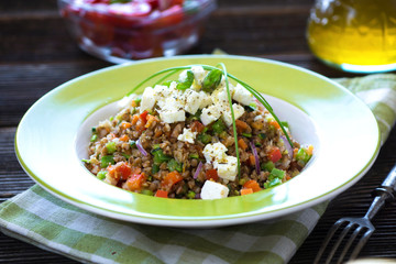 Amaranth and Buckwheat with vegetables and feta cheese