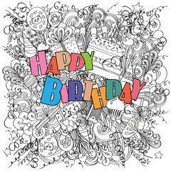 Happy Birthday doodle greeting card on white background with celebration elements.