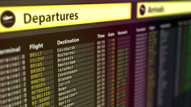 Departures sign board with flight information, destination cities on timetable
