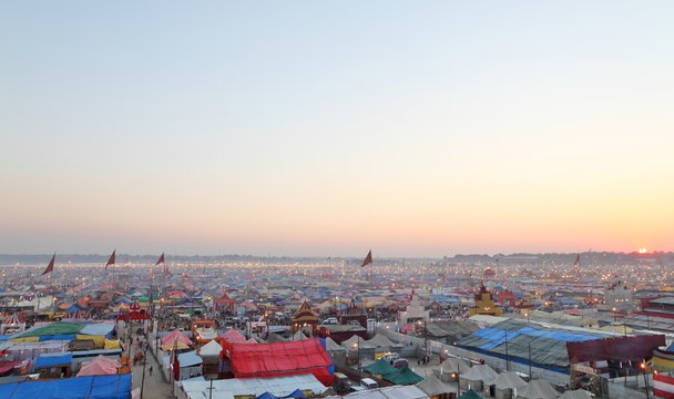 Aerial panorama view of Maha Kumbh Mela festival camp, the world's largest religious gathering.