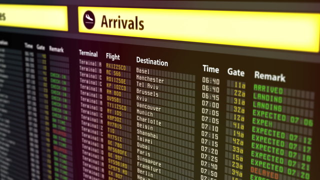 Important flight information displayed on airport arrivals and departures board
