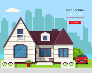 Modern graphic architectural design. Colorful set: house, car, yard, flowers and trees. Flat style vector illustration.