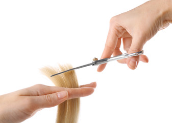 Hairdresser's hands with scissors cutting blonde strand of hair, isolated on white