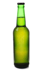Green glass bottle with beer, isolated on white
