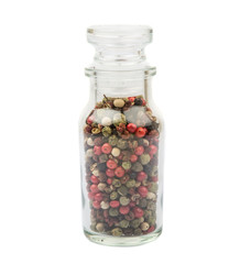 Mix peppercorn in glass vial over white background