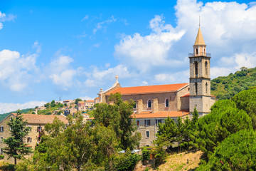 Fototapeta na wymiar A view of church in Sartene village, Corsica island, France
