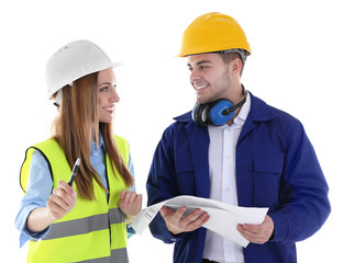 Two architects at work isolated on white