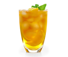 Glass of iced tea with lemon isolated on white