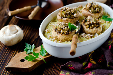 Baked mushrooms on rice pillow