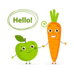 Funny fruits and vegetables with eyes in flat style. Carrot and apple. Colorful Vector Clip art. Isolated illustration on white.