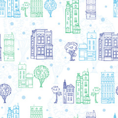 Vector Town Houses Trees Streets Blue Green Drawing Seamless Pattern with polka dots. Perfect for travel themed designs products, bags, accessories, luggage, clothing, home decor.